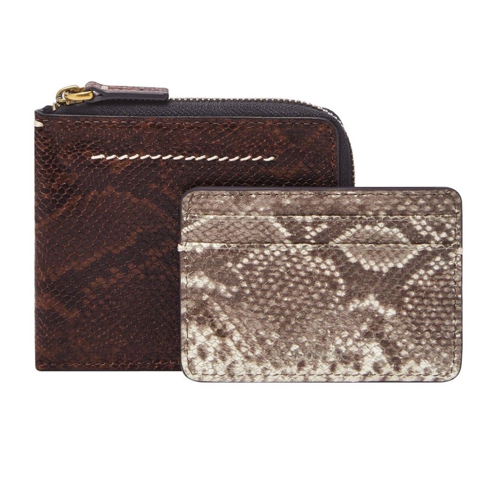 FOSSIL Westover Large Zip Bifold Card Holder Mocha Brown exotic python print